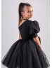 One Shoulder Black Satin Tulle Flower Girl Dress